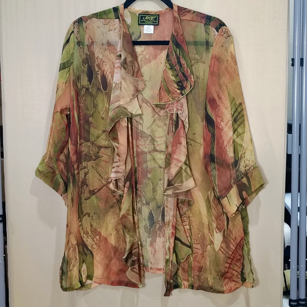 VTG ATOC Chiffon Ruffle Cardigan Women S/M Earthy Fairy Grunge Y2K Sheer Open